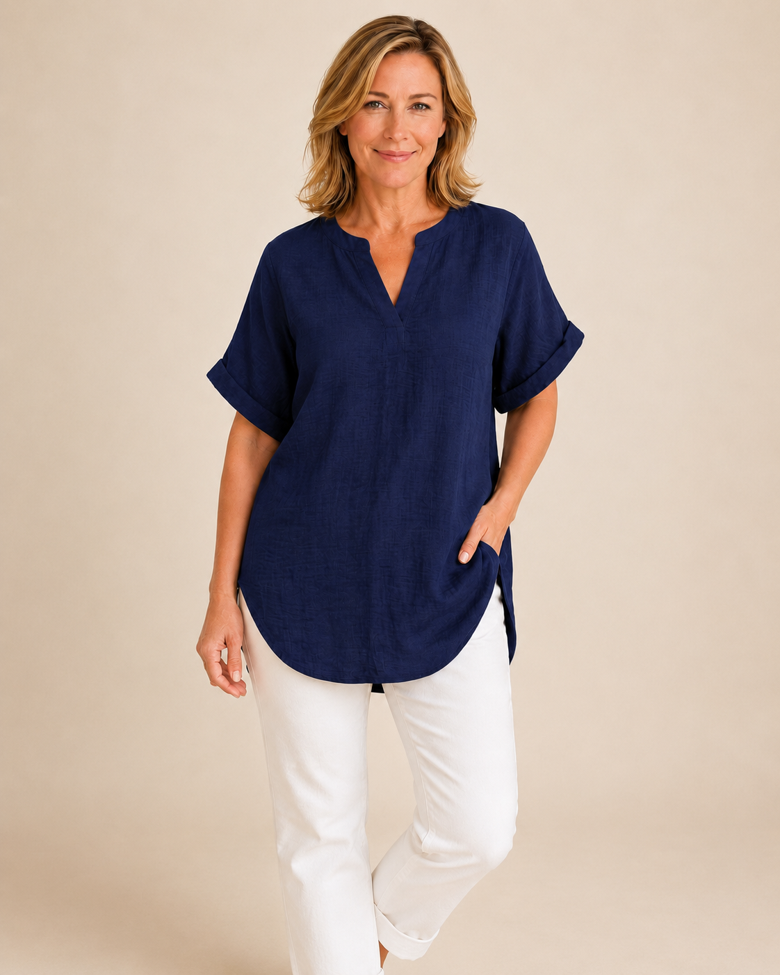 Thea June — Women's V-Neck Blouse with Curved Hem