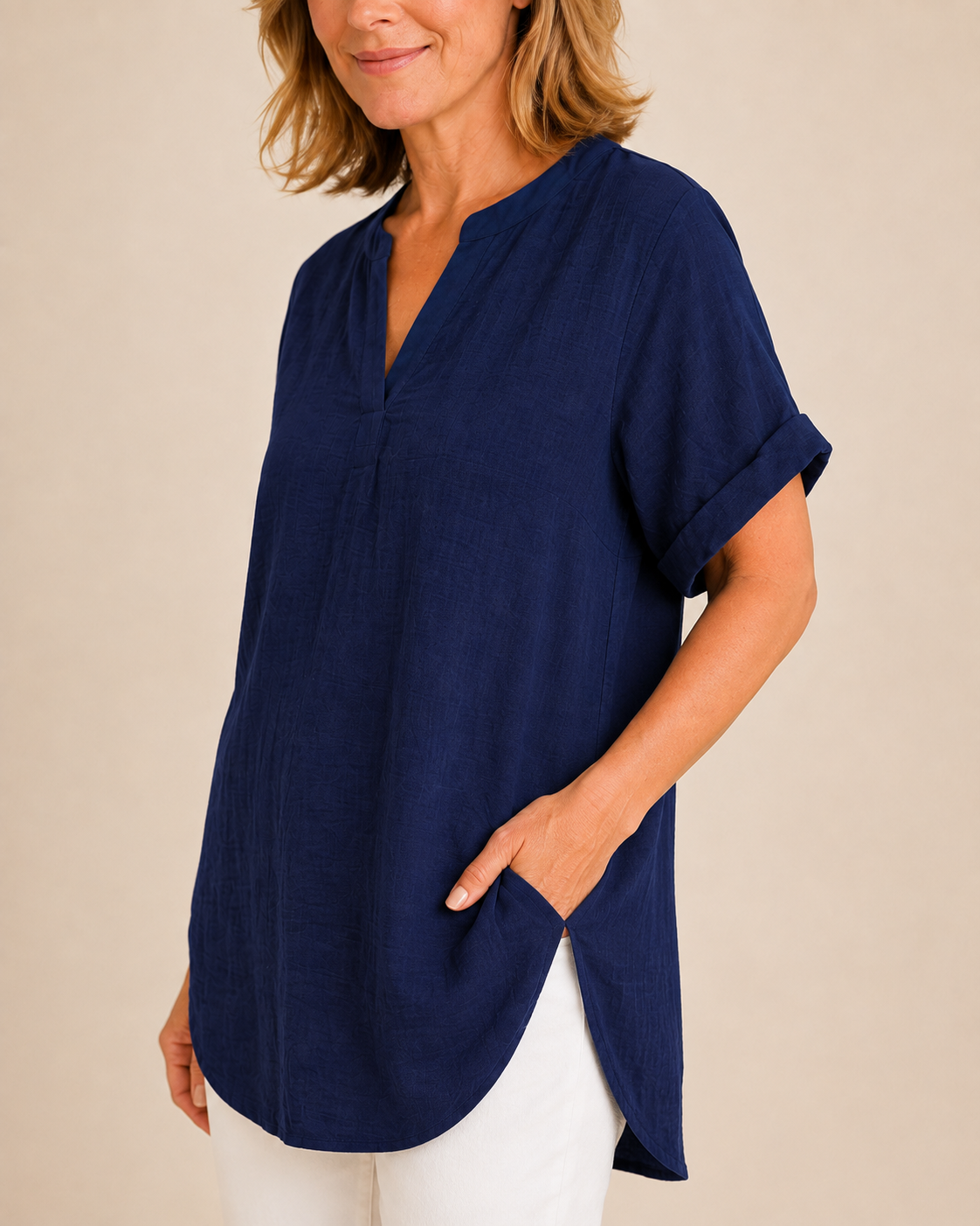 Thea June — Women's V-Neck Blouse with Curved Hem