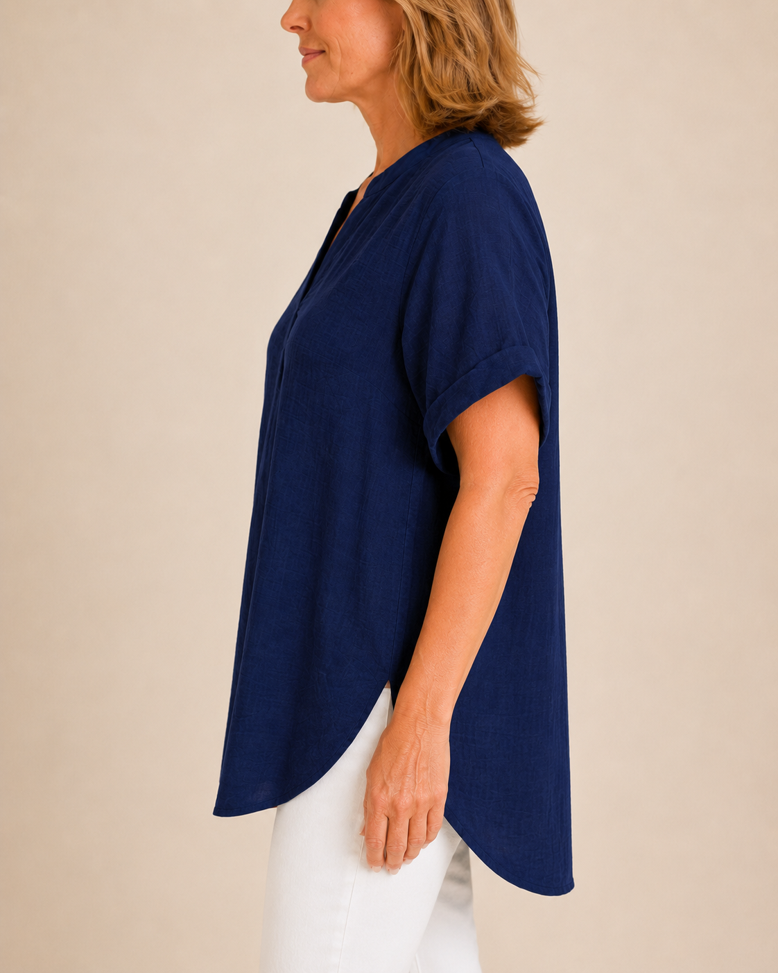 Thea June — Women's V-Neck Blouse with Curved Hem