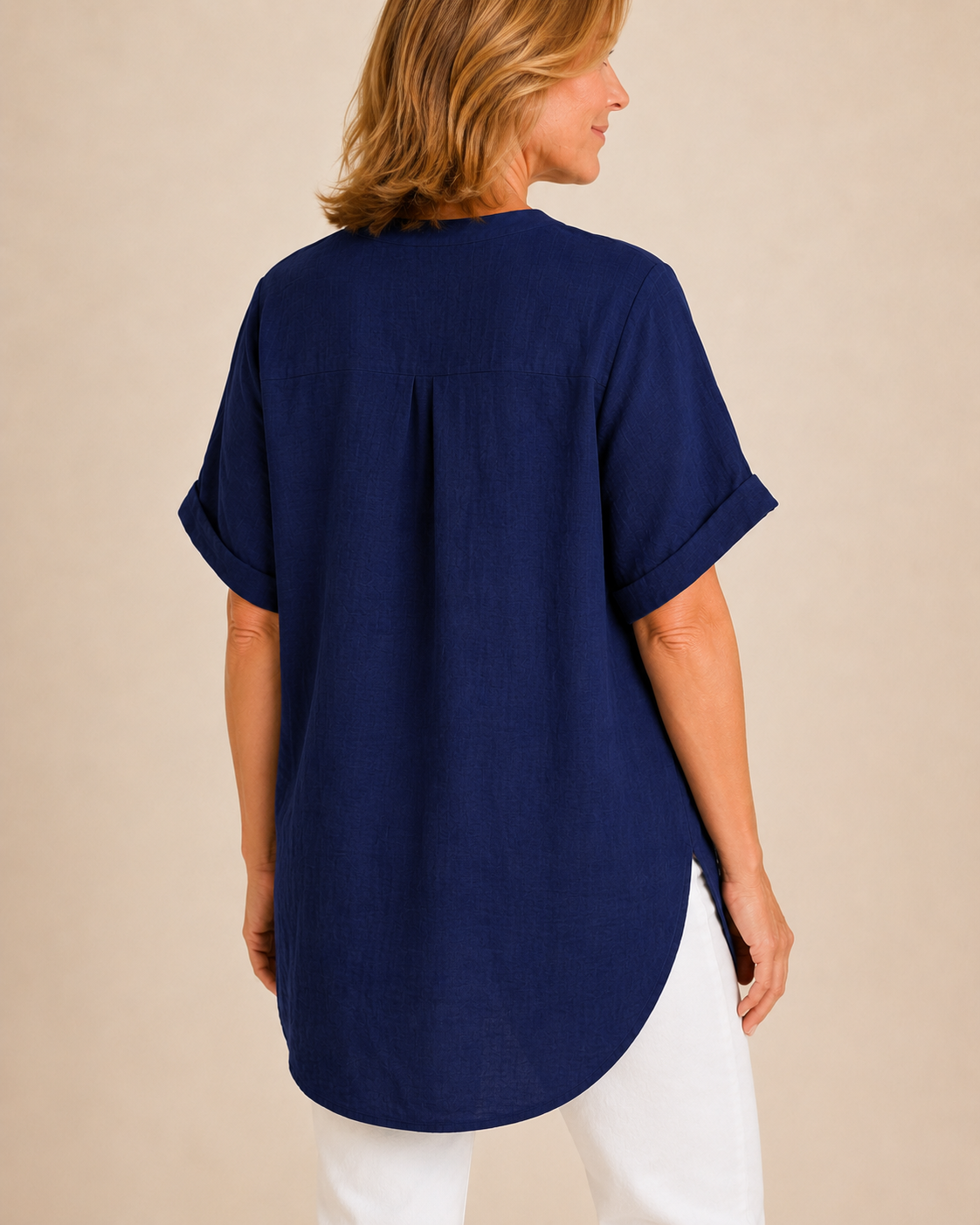 Thea June — Women's V-Neck Blouse with Curved Hem