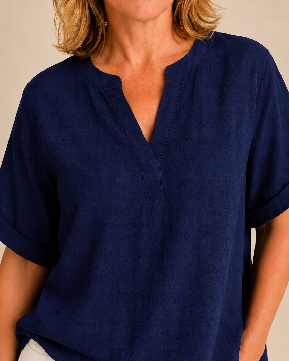 Thea June — Women's V-Neck Blouse with Curved Hem