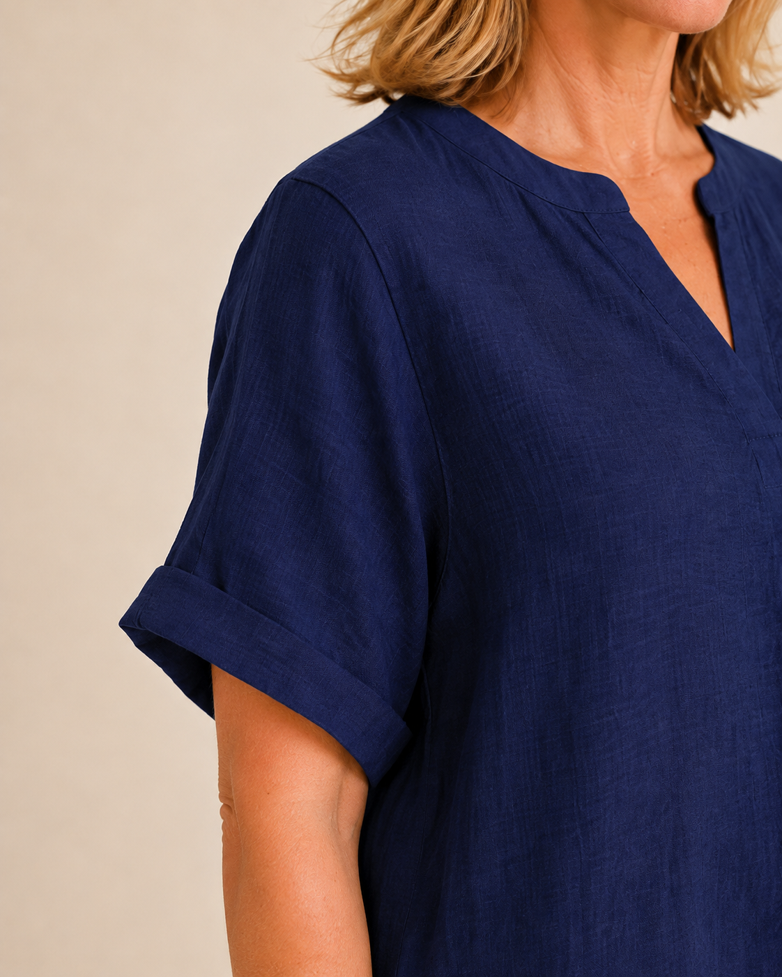 Thea June — Women's V-Neck Blouse with Curved Hem