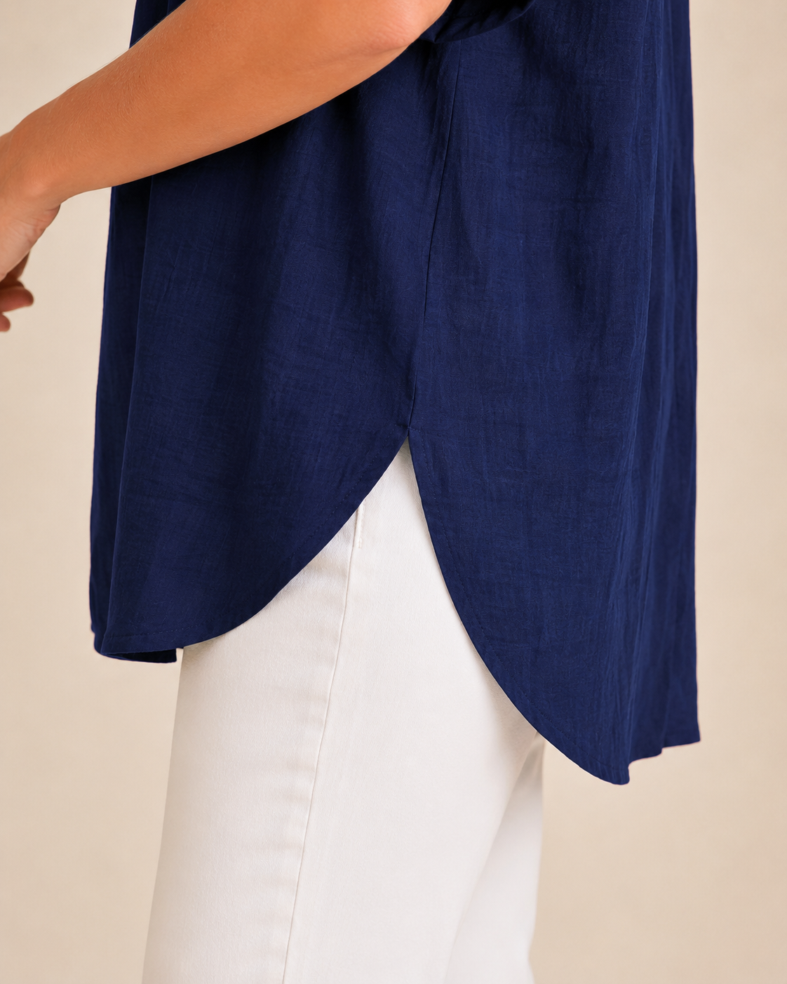 Thea June — Women's V-Neck Blouse with Curved Hem