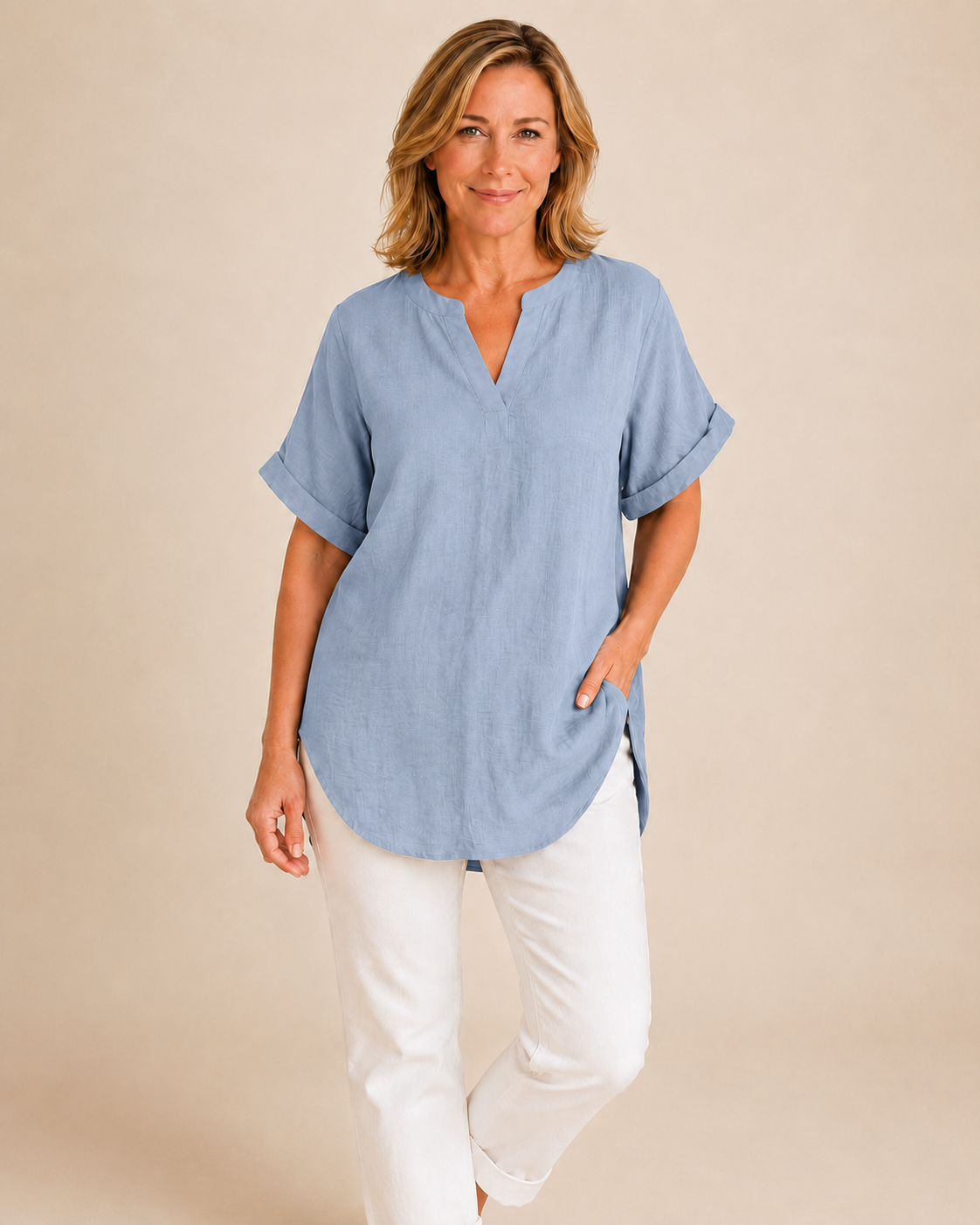 Thea June — Women's V-Neck Blouse with Curved Hem