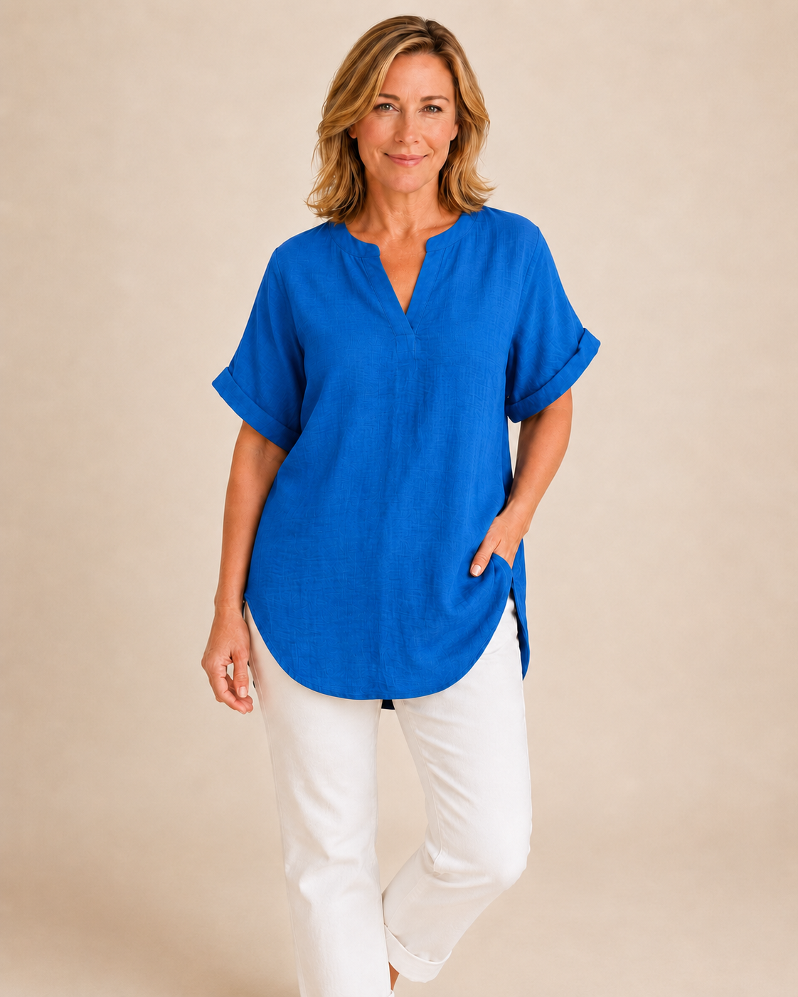 Thea June — Women's V-Neck Blouse with Curved Hem