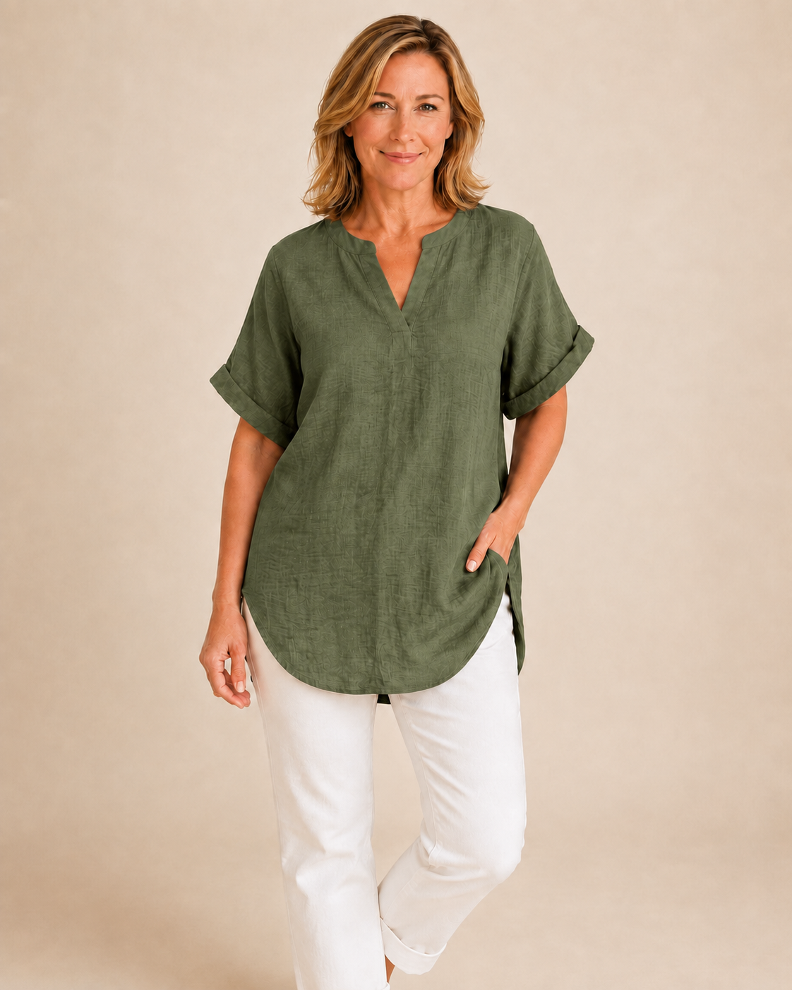 Thea June — Women's V-Neck Blouse with Curved Hem