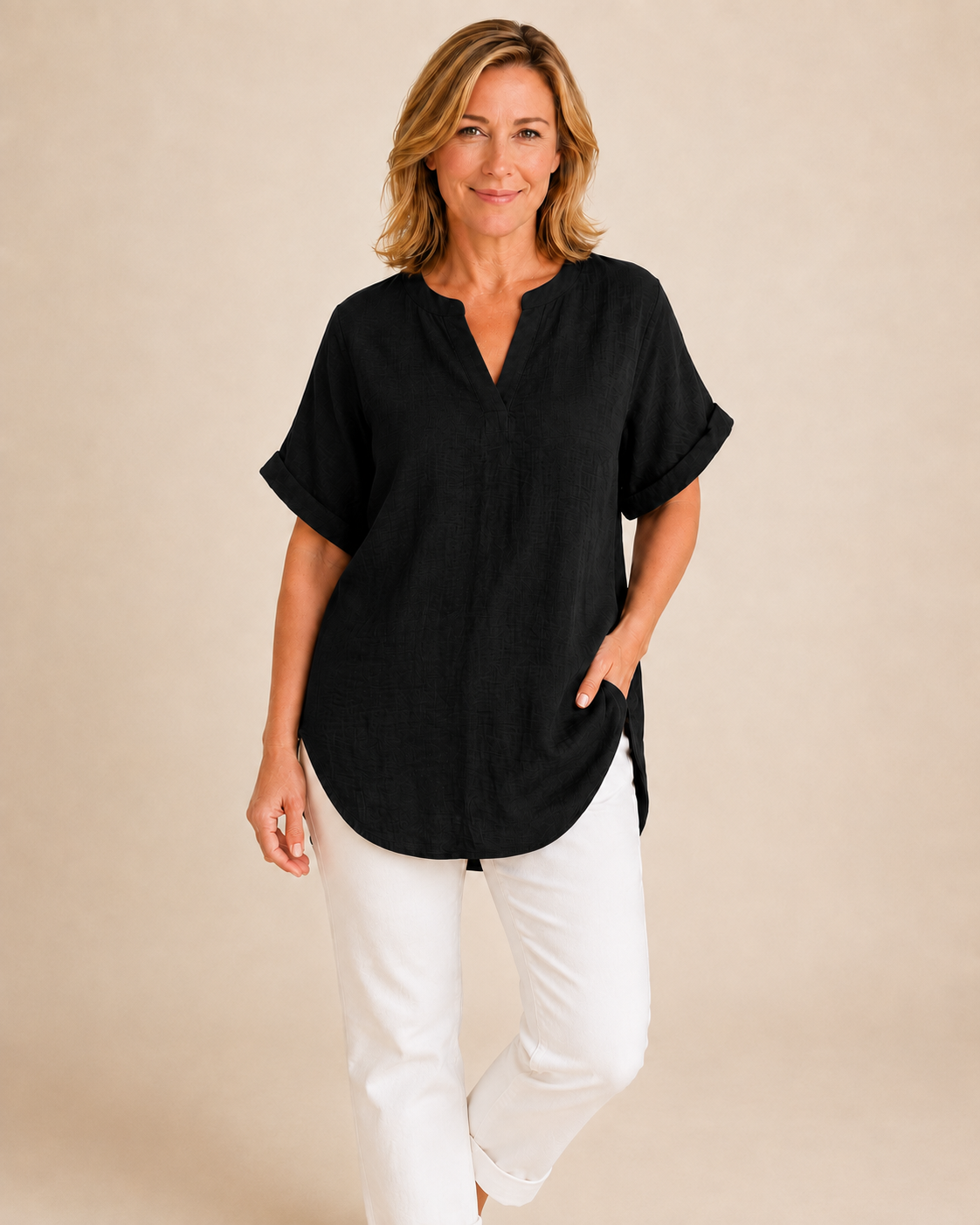 Thea June — Women's V-Neck Blouse with Curved Hem
