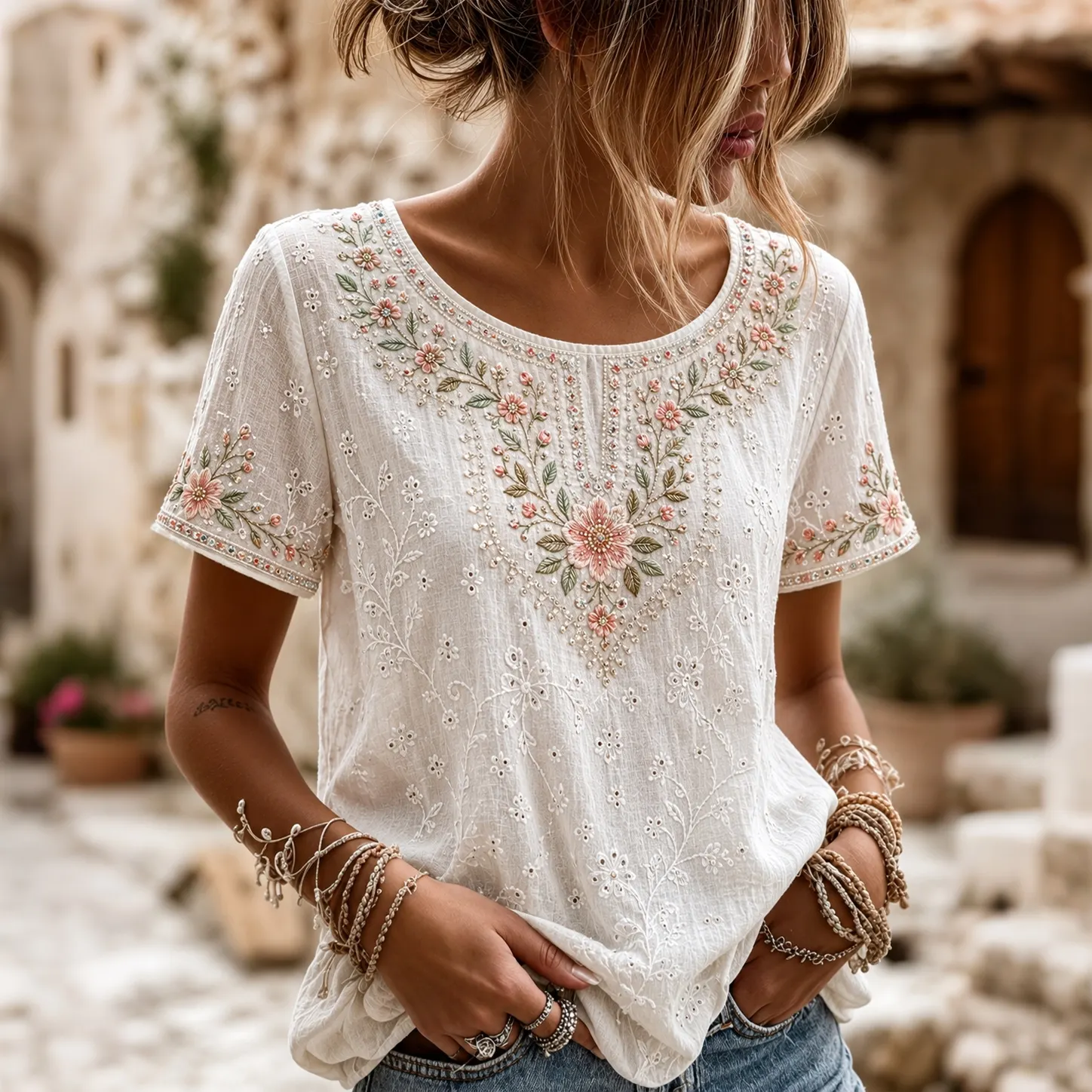 Women's Vintage Floral Rose Embroidered Top