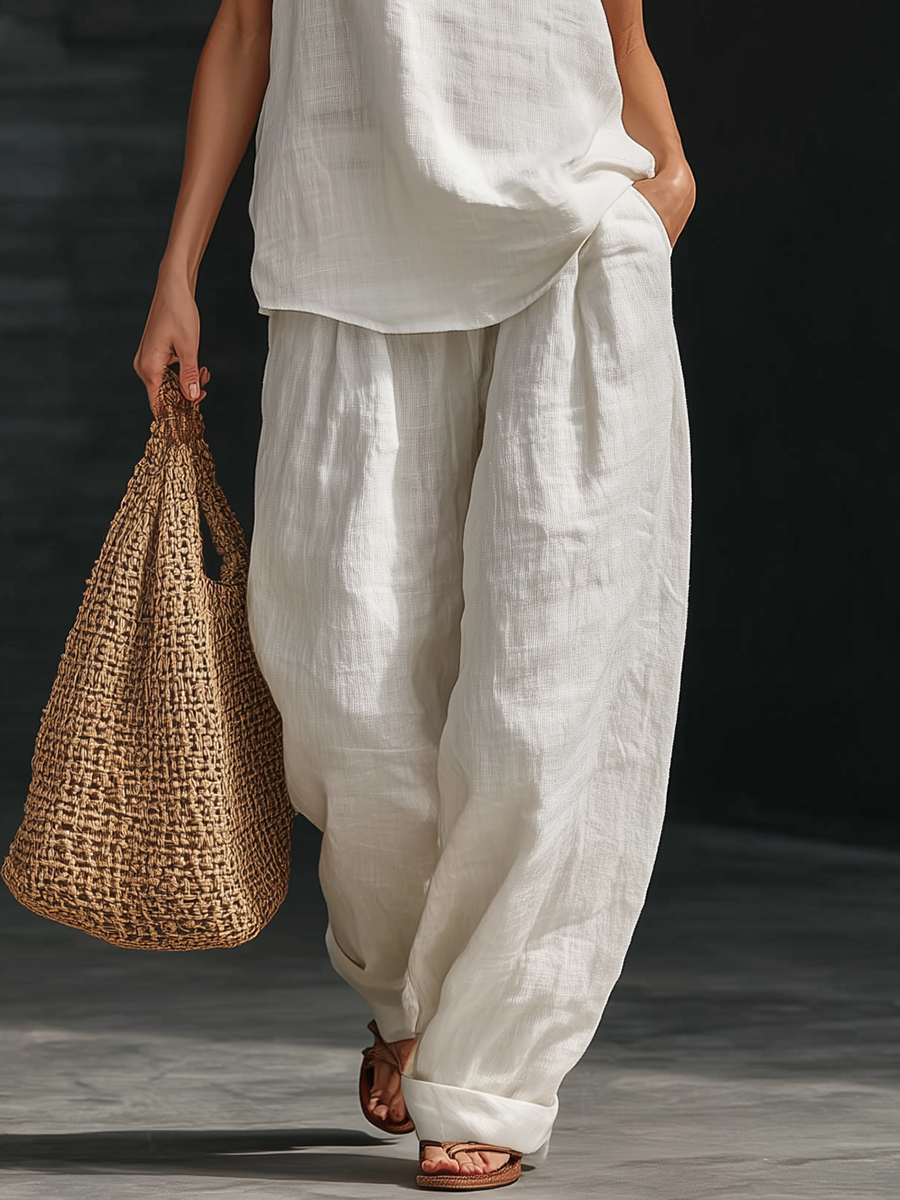 Women’s Sleeveless Cotton-Linen Wide-Leg Vacation Set