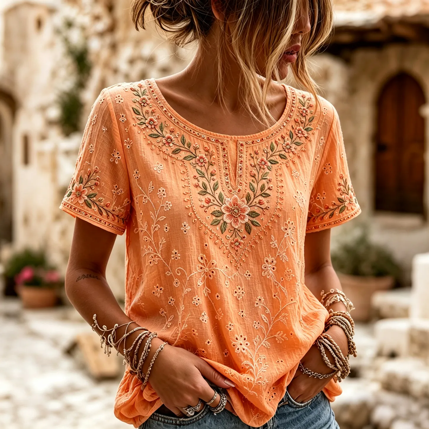Women's Vintage Floral Rose Embroidered Top