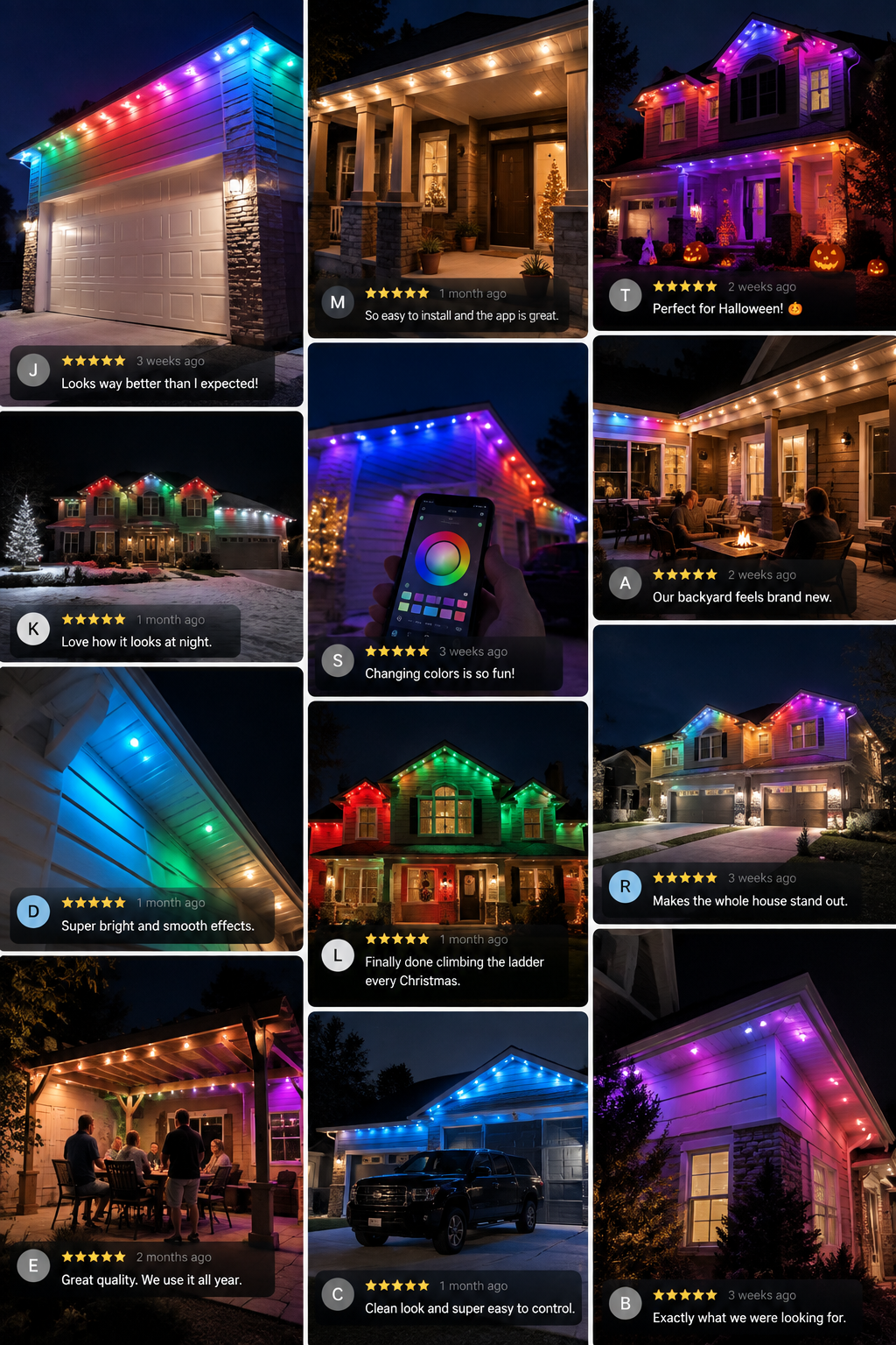 Customer photos of permanent outdoor lights installed on different homes