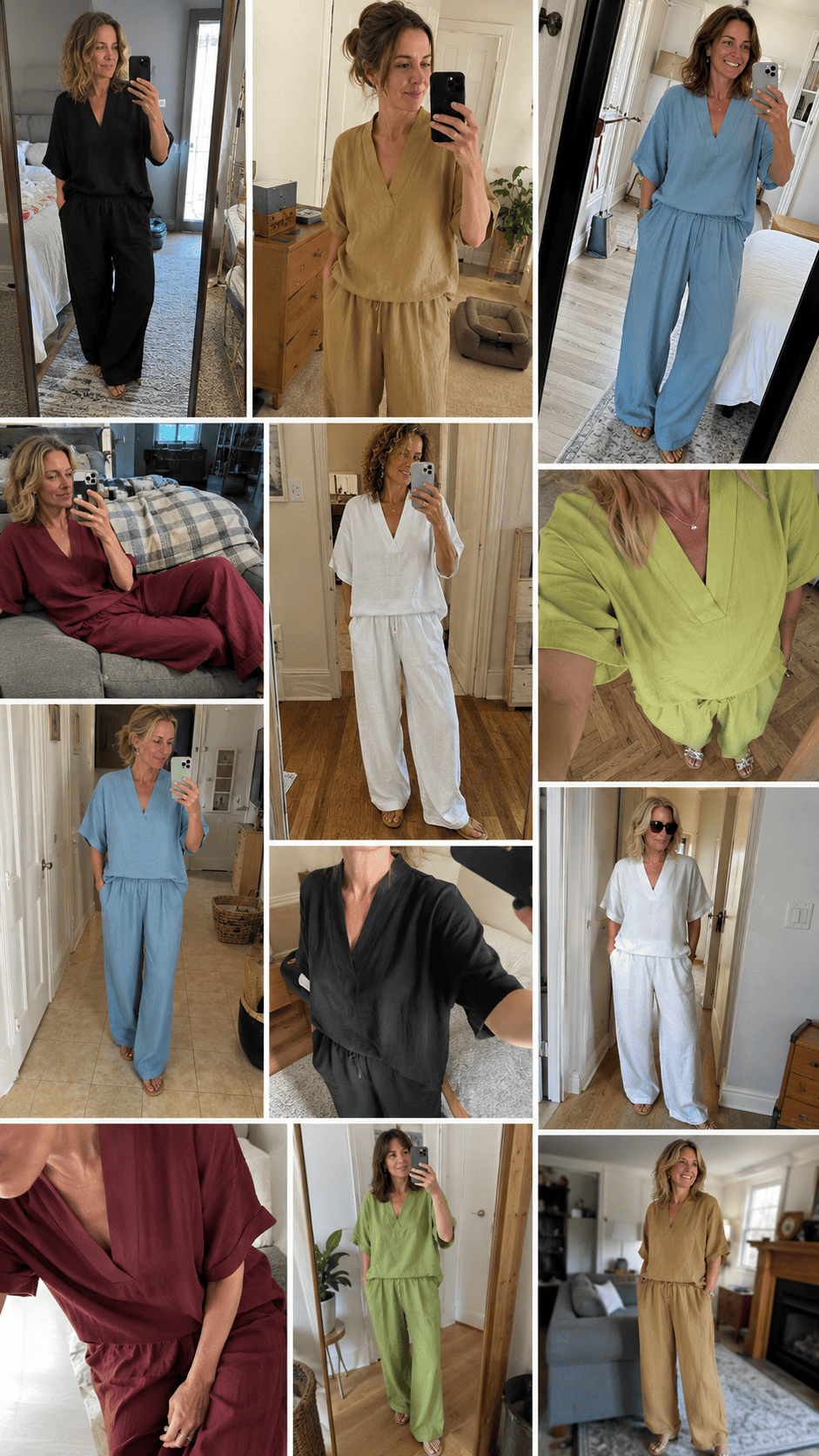 Customer photos of the women's cotton-linen two-piece set in multiple colors