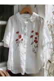 Floral Printed White Lapel Short Sleeve Tops - White
