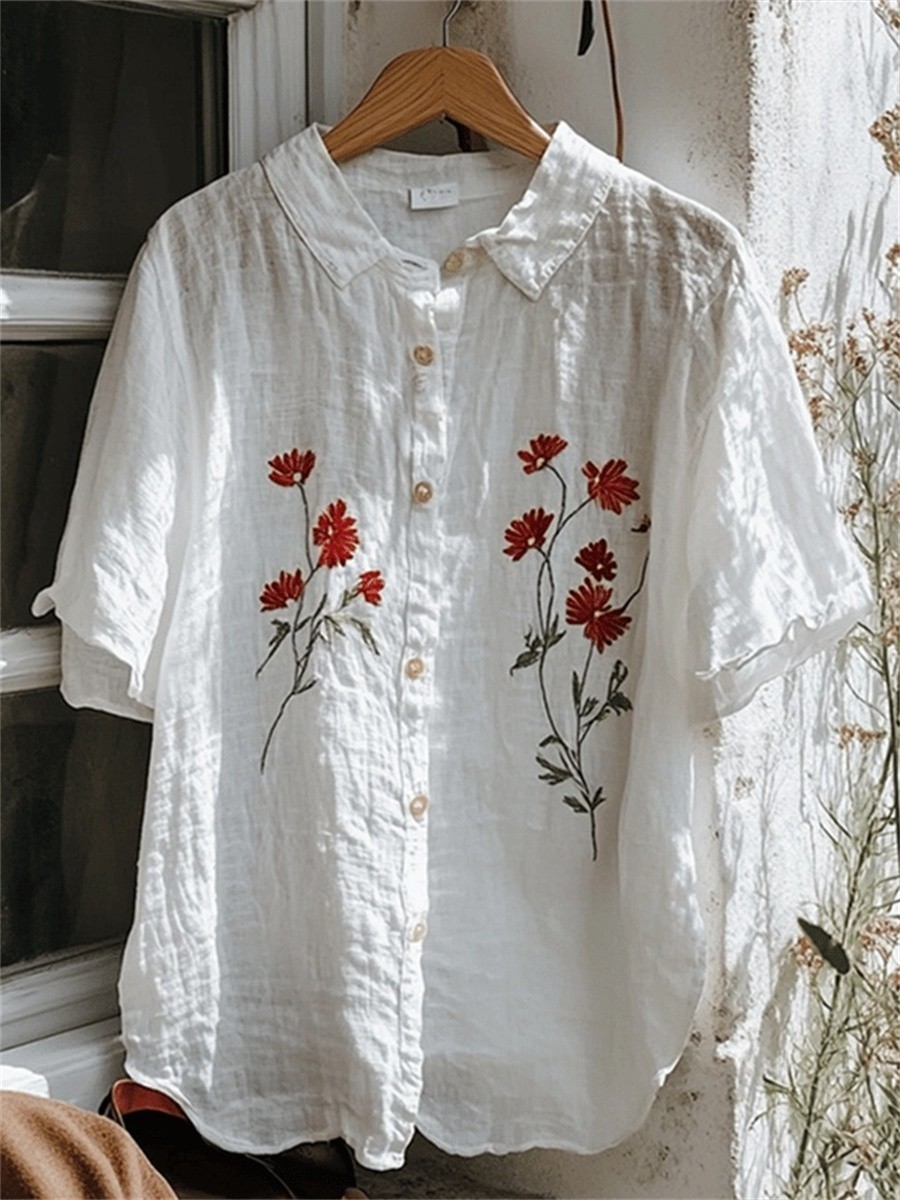 Floral Printed White Lapel Short Sleeve Tops