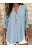 Plain Loose V Neck Long Sleeves Casual Blouse - Blue