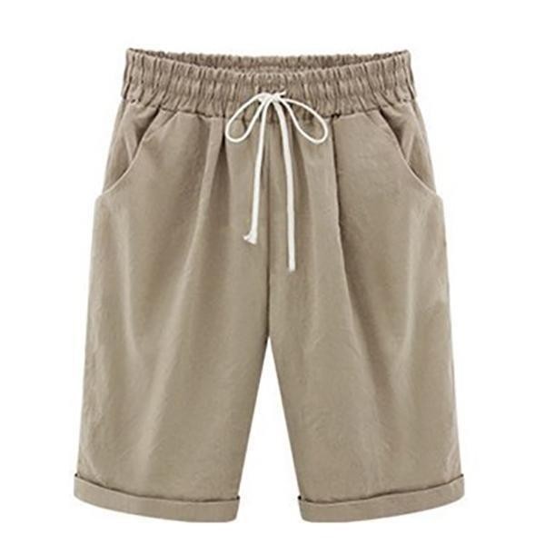 Khaki Solid Summer Loose Pocket Shorts