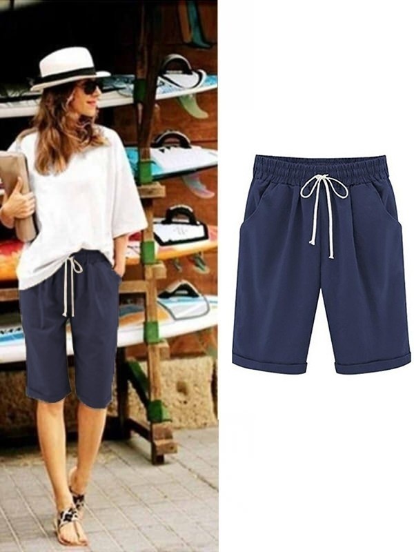 Khaki Solid Summer Loose Pocket Shorts