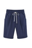 Khaki Solid Summer Loose Pocket Shorts - Navy Blue