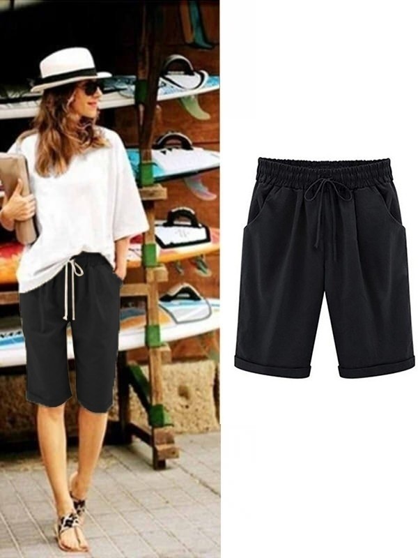 Khaki Solid Summer Loose Pocket Shorts