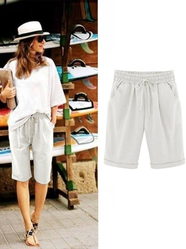 Khaki Solid Summer Loose Pocket Shorts