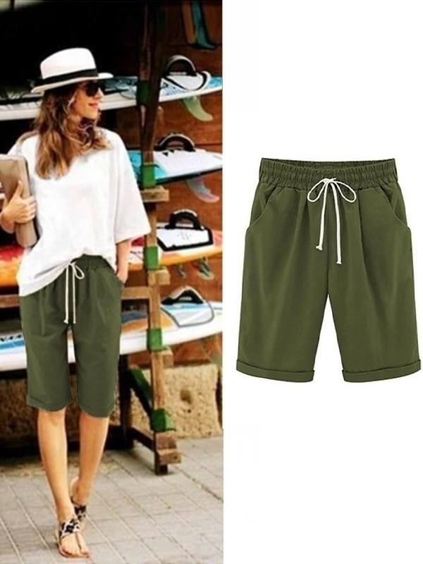 Khaki Solid Summer Loose Pocket Shorts