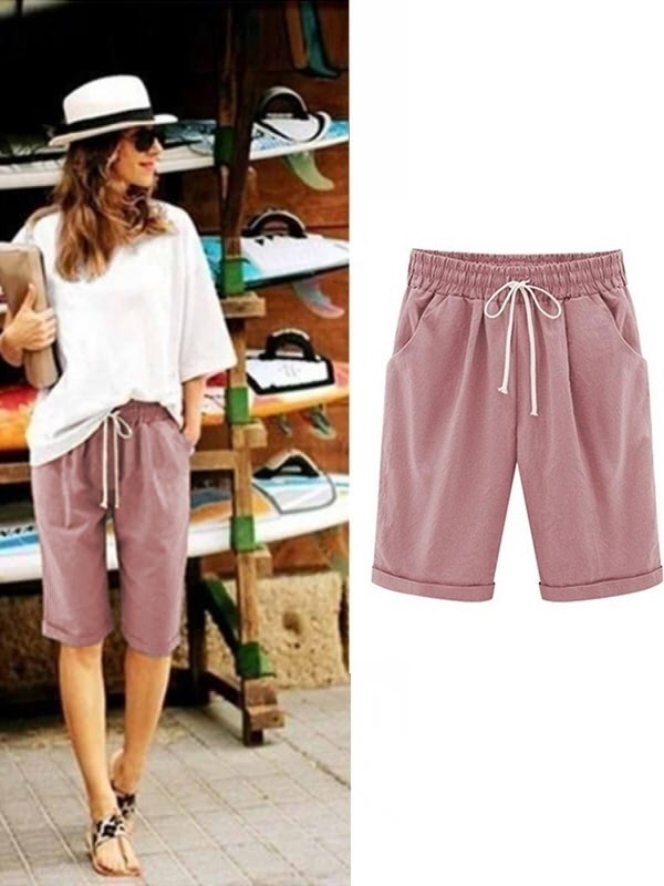 Khaki Solid Summer Loose Pocket Shorts