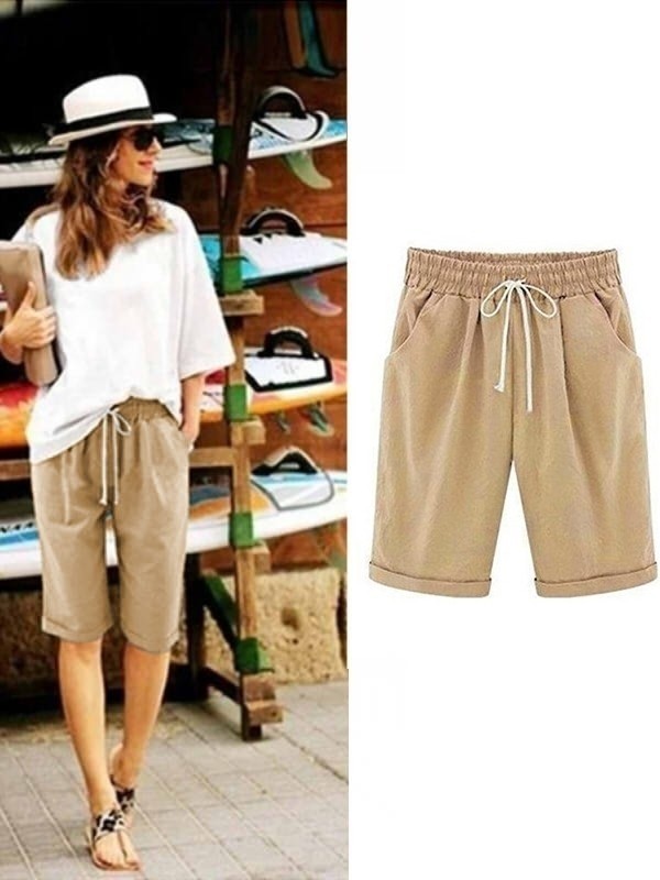 Khaki Solid Summer Loose Pocket Shorts