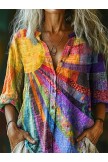 Multicolor Sunlight Pattern Stand Collar Long Sleeve Casual Shirt - Multicolor