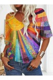 Colorful Sunlight Pattern Crew Neck Short Sleeve Loose T-Shirt - Multicolor