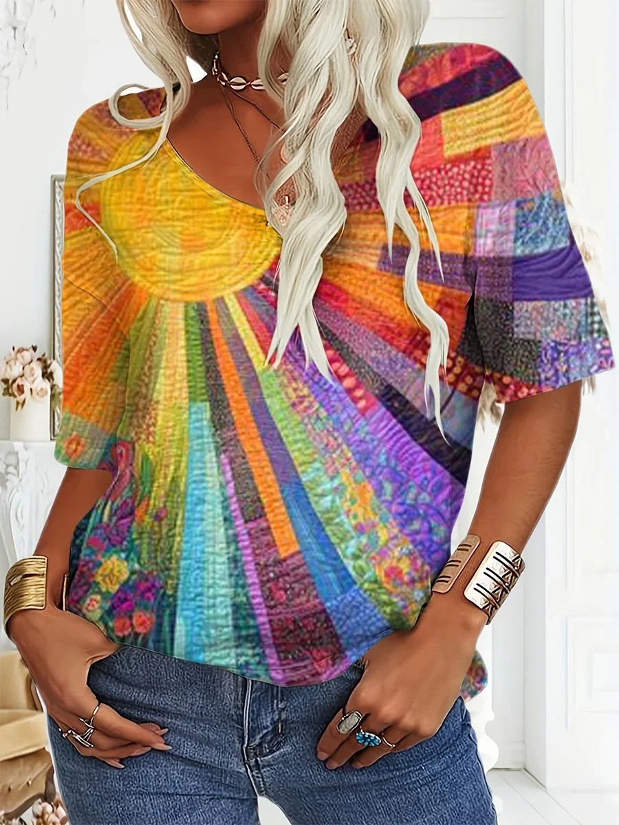 Colorful Sunlight Pattern Crew Neck Short Sleeve Loose T-Shirt
