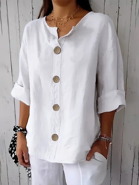 Plain Shirt Collar Long Sleeve Button Casual Shirt
