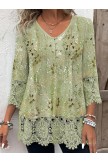 Women's Round Neck Three Quarter Sleeve Floral Lace Loose Shirt - Green