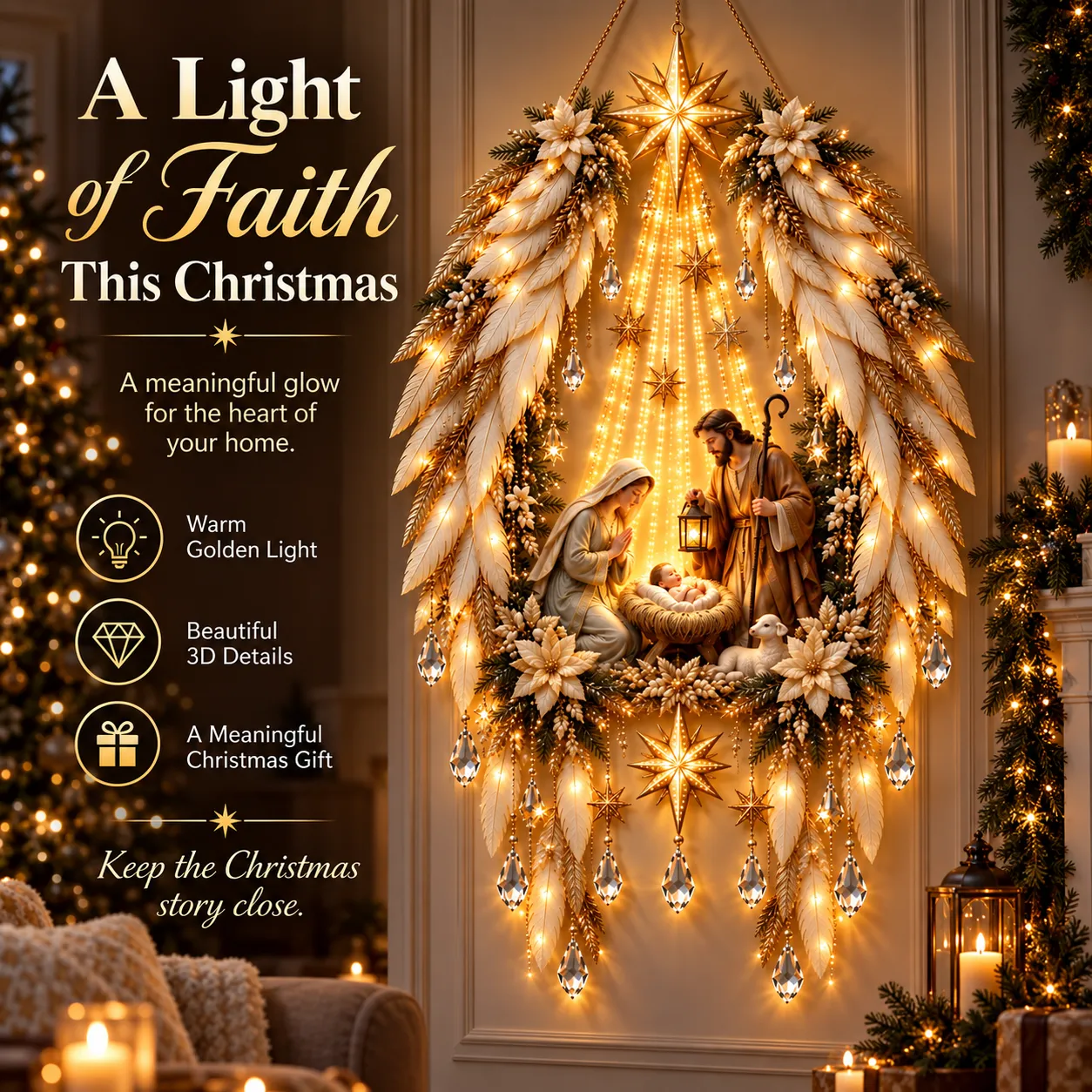 A Light of Faith Christmas wall display with ivory and gold wings, warm lights and the Holy Family