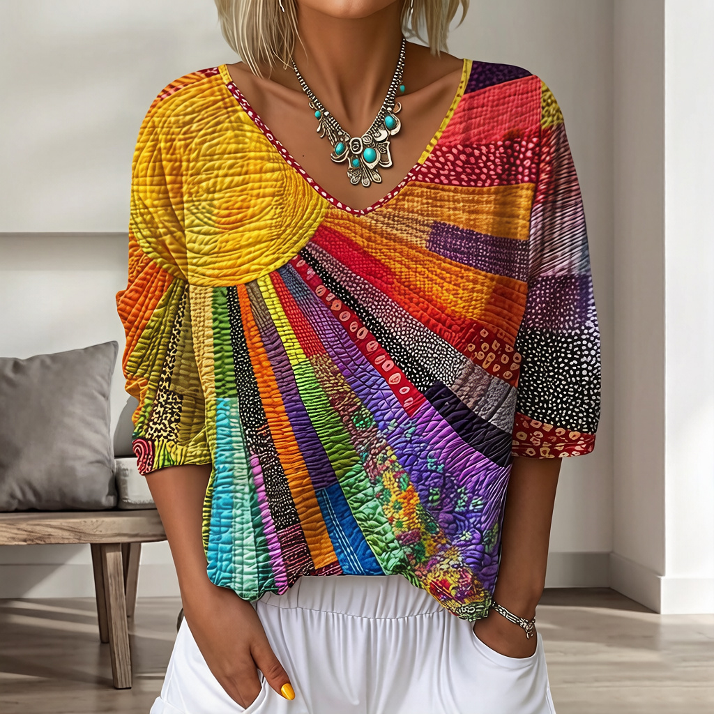 Women's Gradient Floral Three-Quarter-Sleeve V-Neck Top