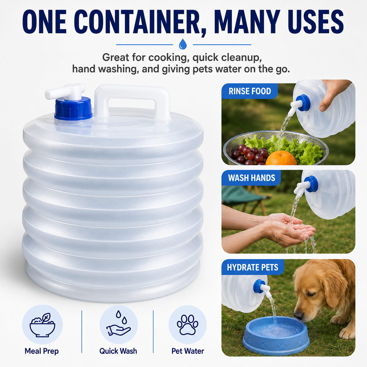 Collapsible water container many uses