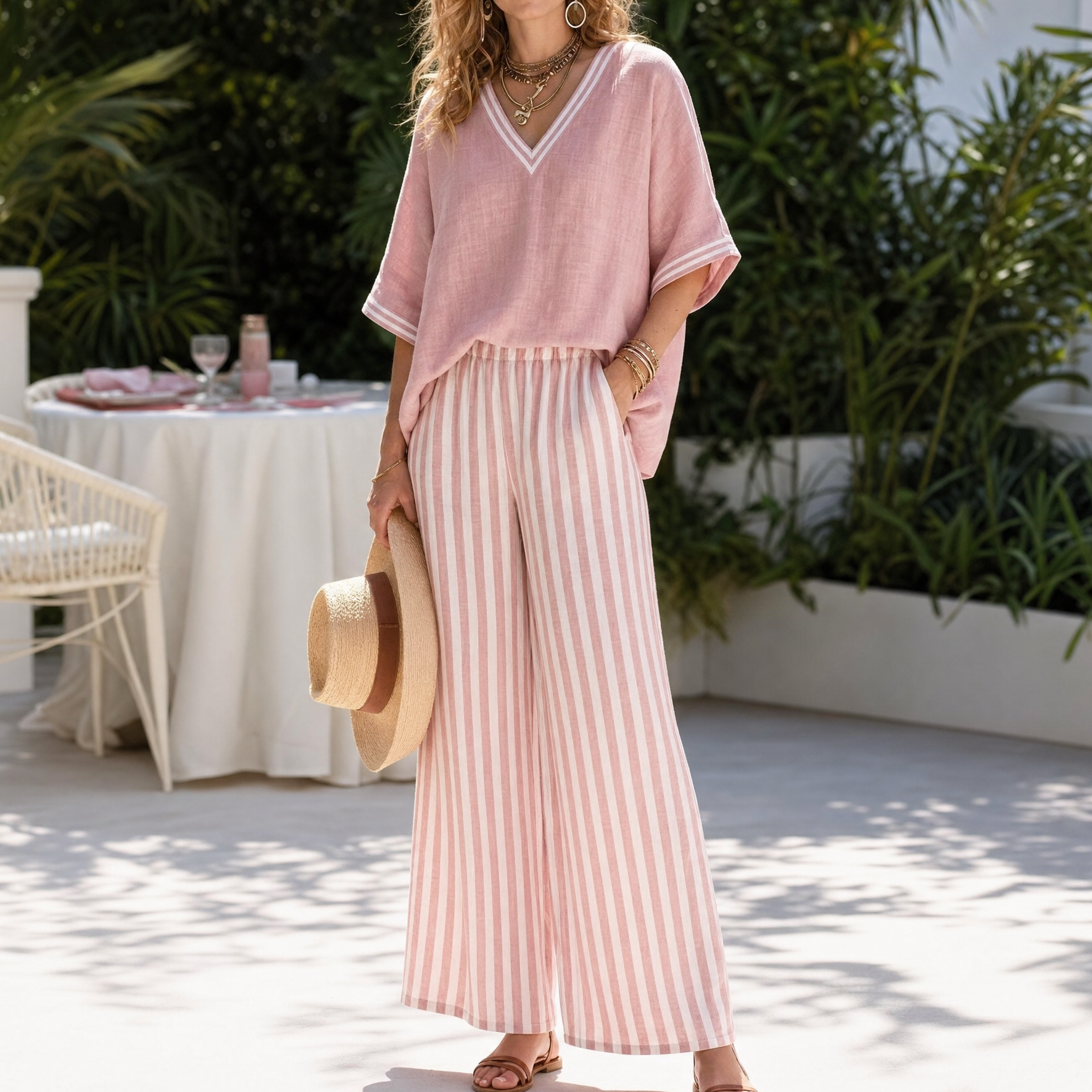 Women's Striped Wide-Leg Two-Piece Set