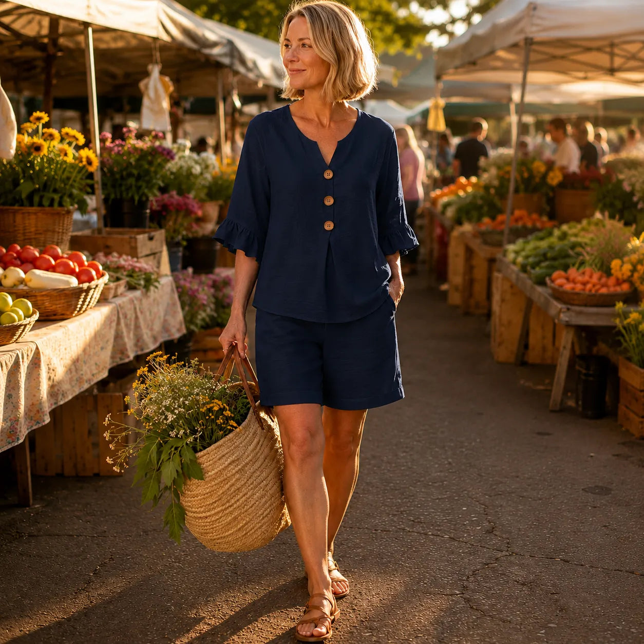 Women's Ruffle-Sleeve Shirt & Shorts Set