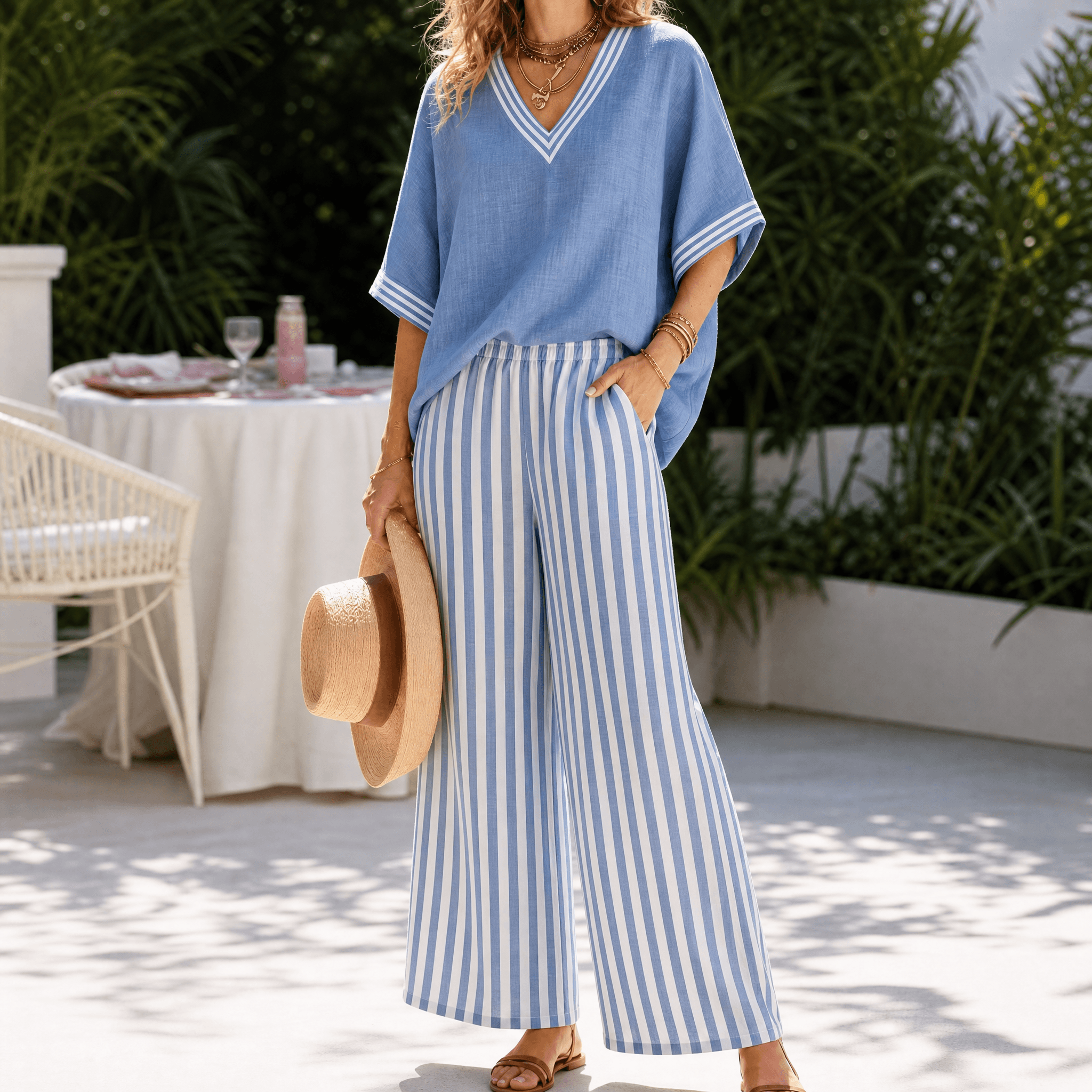 Women's Striped Wide-Leg Two-Piece Set