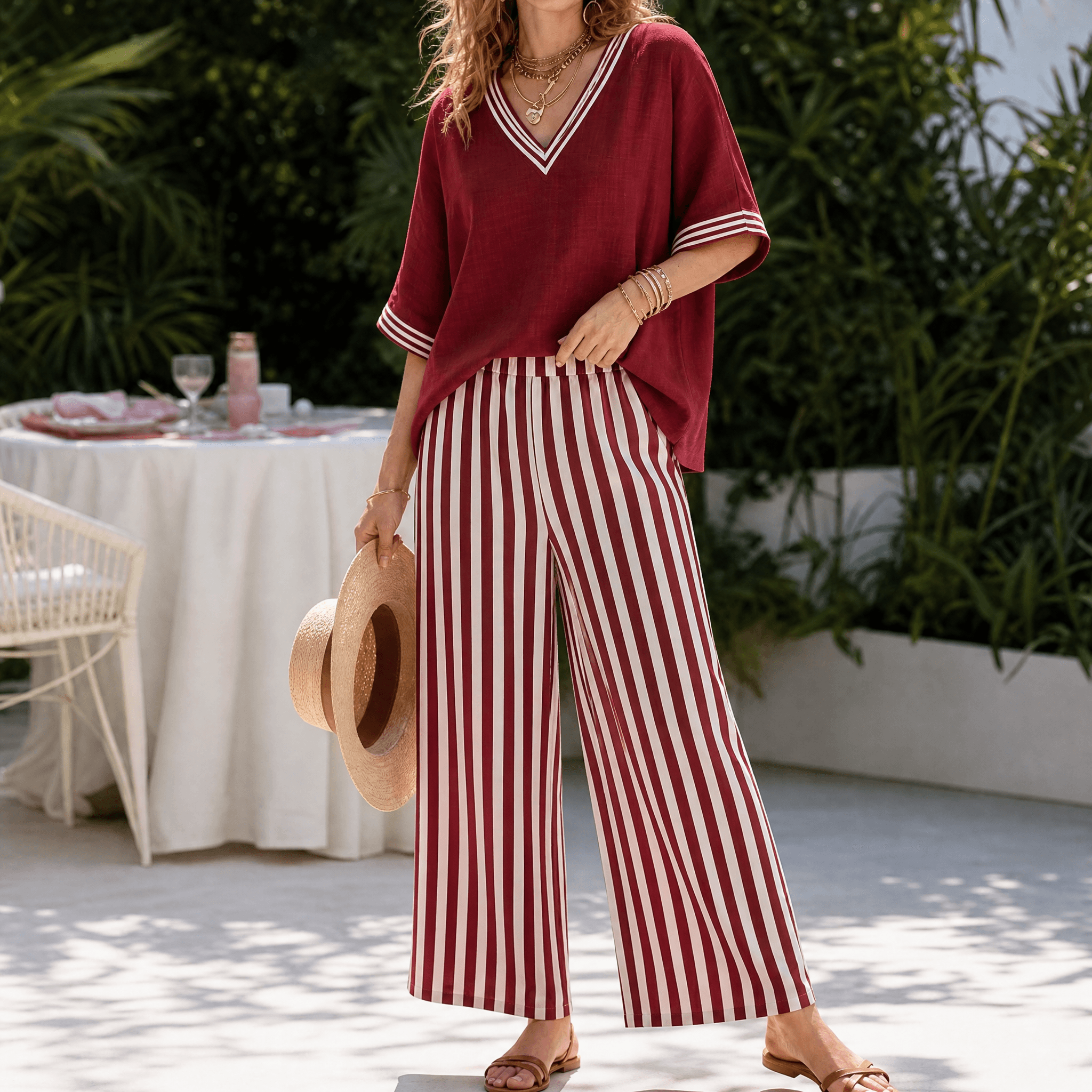 Women's Striped Wide-Leg Two-Piece Set