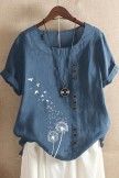 Floral Print O-neck Short Sleeves T-shirt - Blue