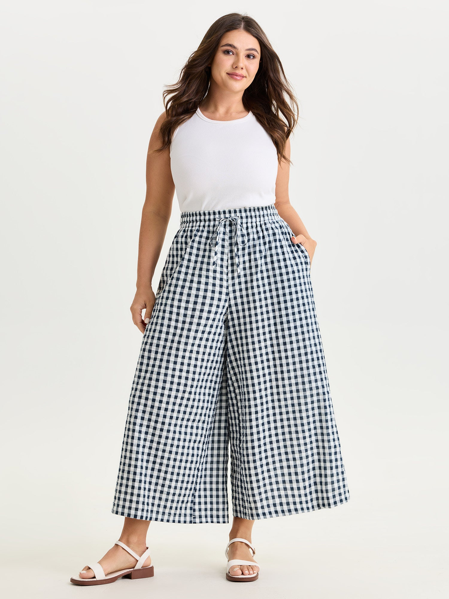 Cotton Checkered Print Wide Leg Pants (Buy 2 Free Shipping)