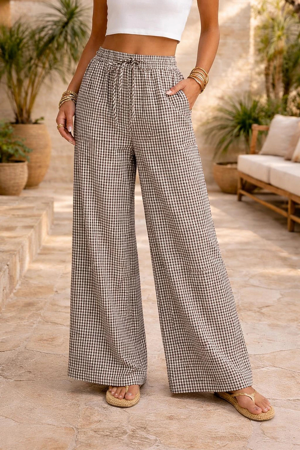 Cotton Checkered Print Wide Leg Pants (Buy 2 Free Shipping)