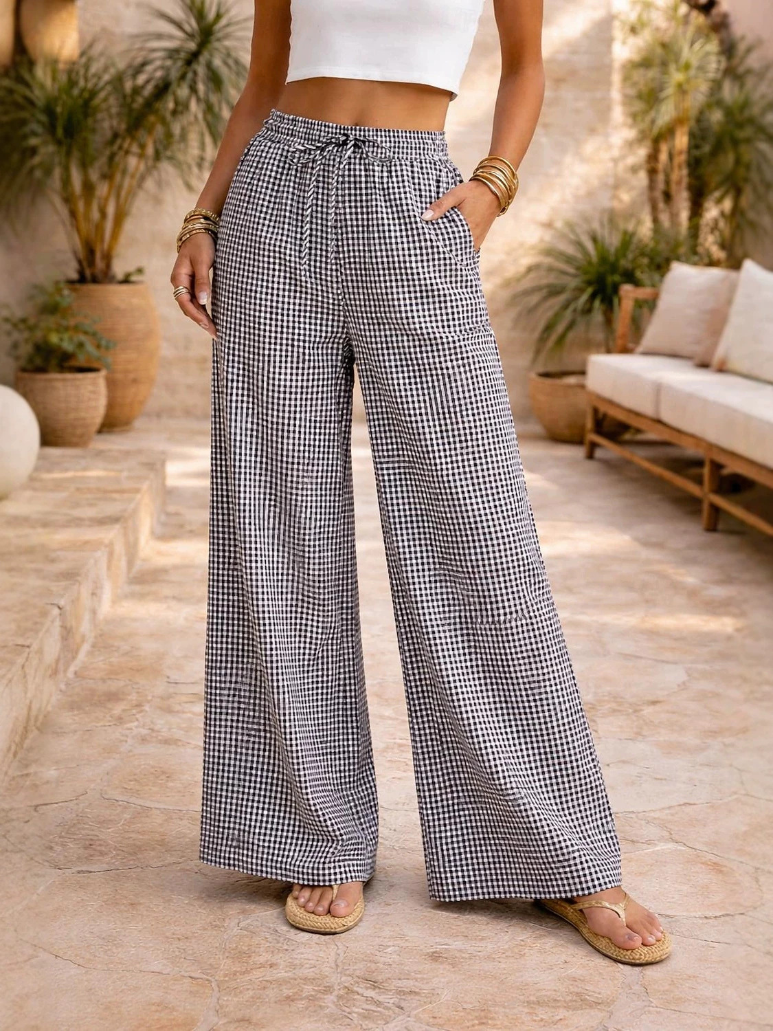 Cotton Checkered Print Wide Leg Pants (Buy 2 Free Shipping)