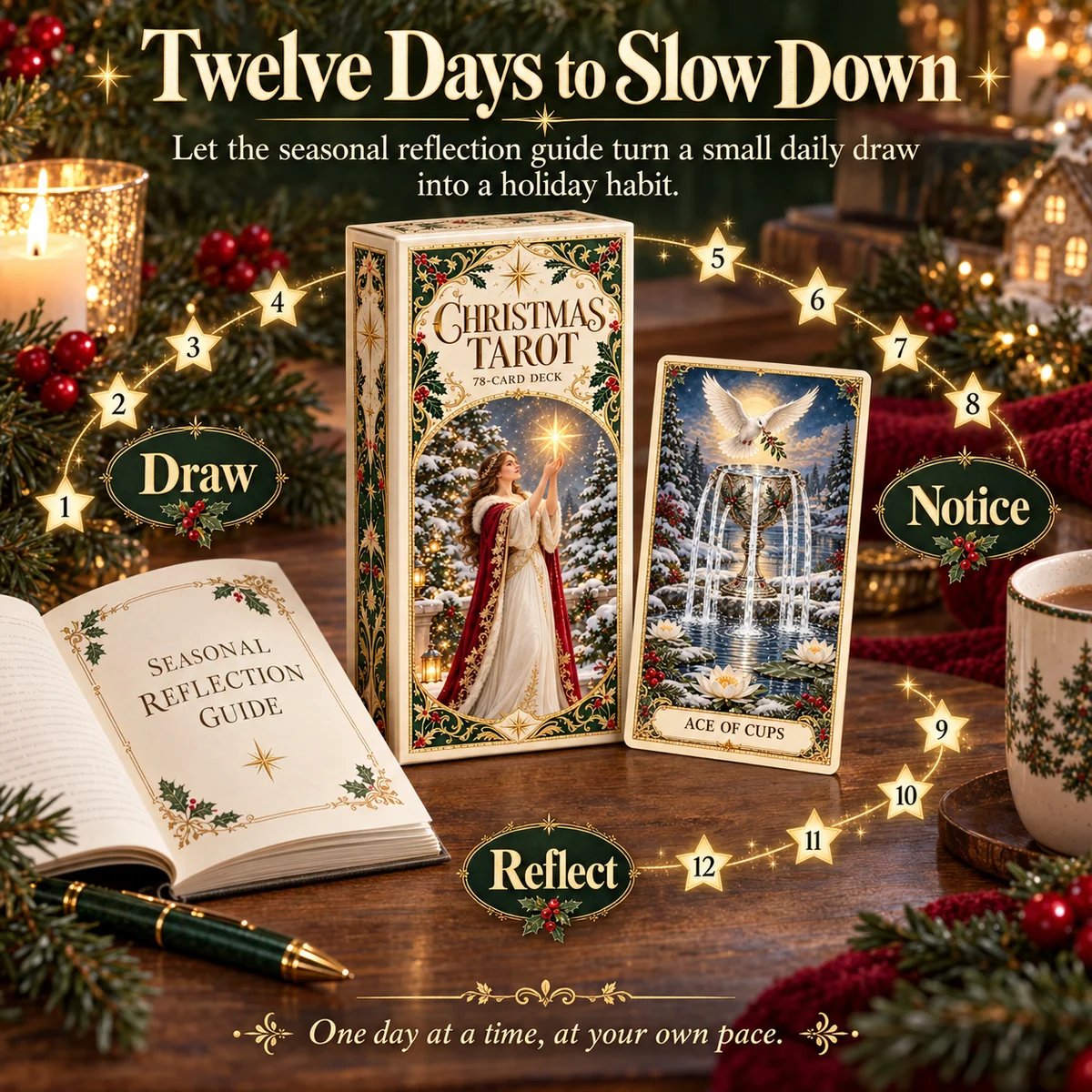 Christmas Tarot 12-day reflection guide shown with cards and a seasonal draw sequence