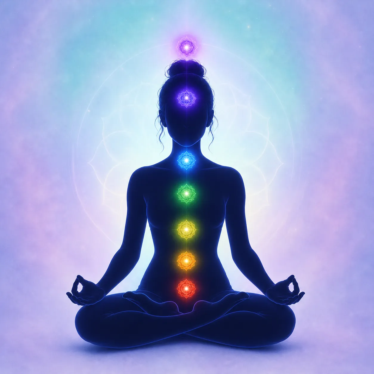A lifelike woman meditating with seven glowing chakra energy centers