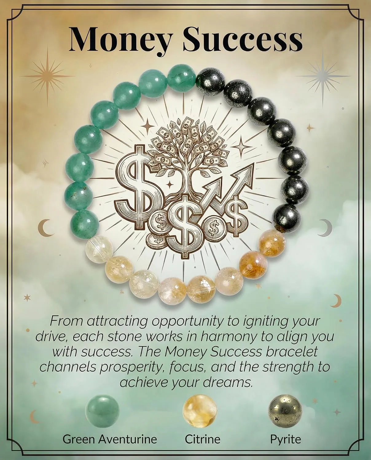 Money Success bracelet with green aventurine citrine and pyrite meanings