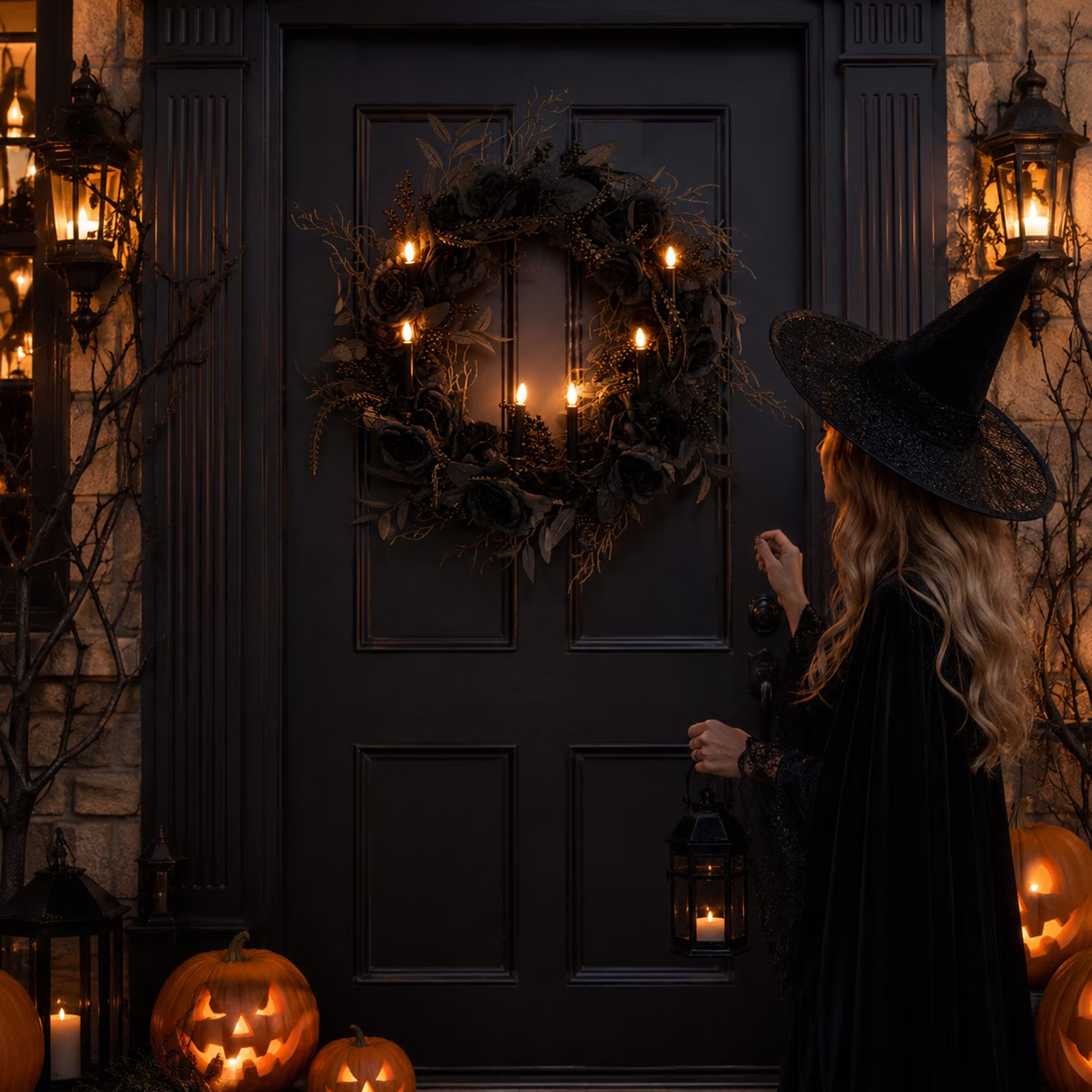 Black Rose Wreath with Candles