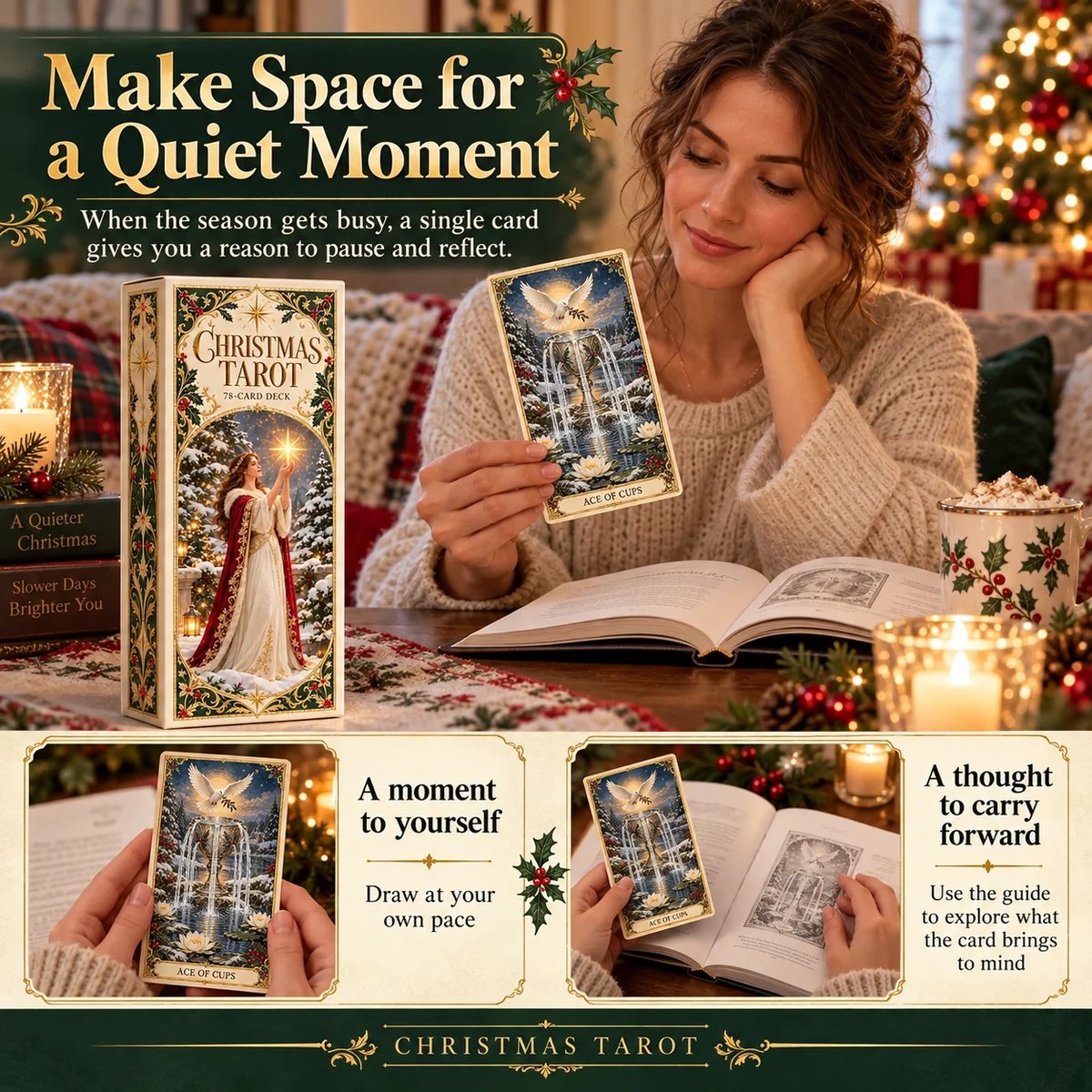 Quiet Christmas Tarot card reflection beside an open notebook