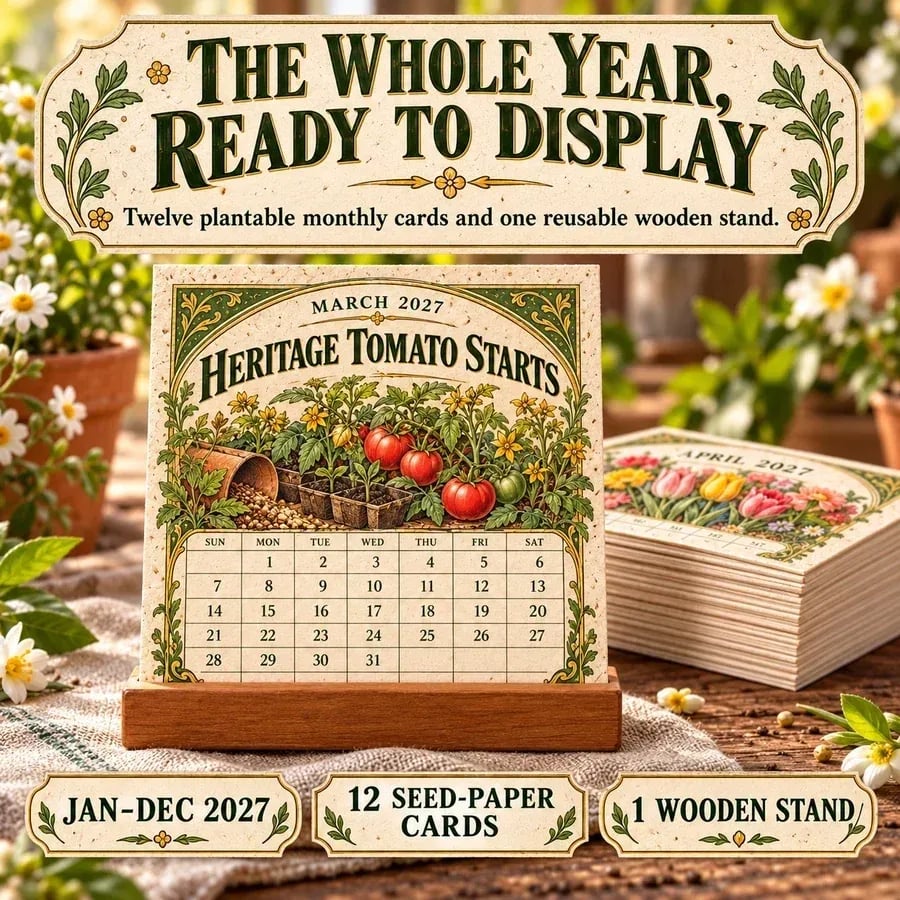 2027 plantable calendar ready to display on its wooden stand
