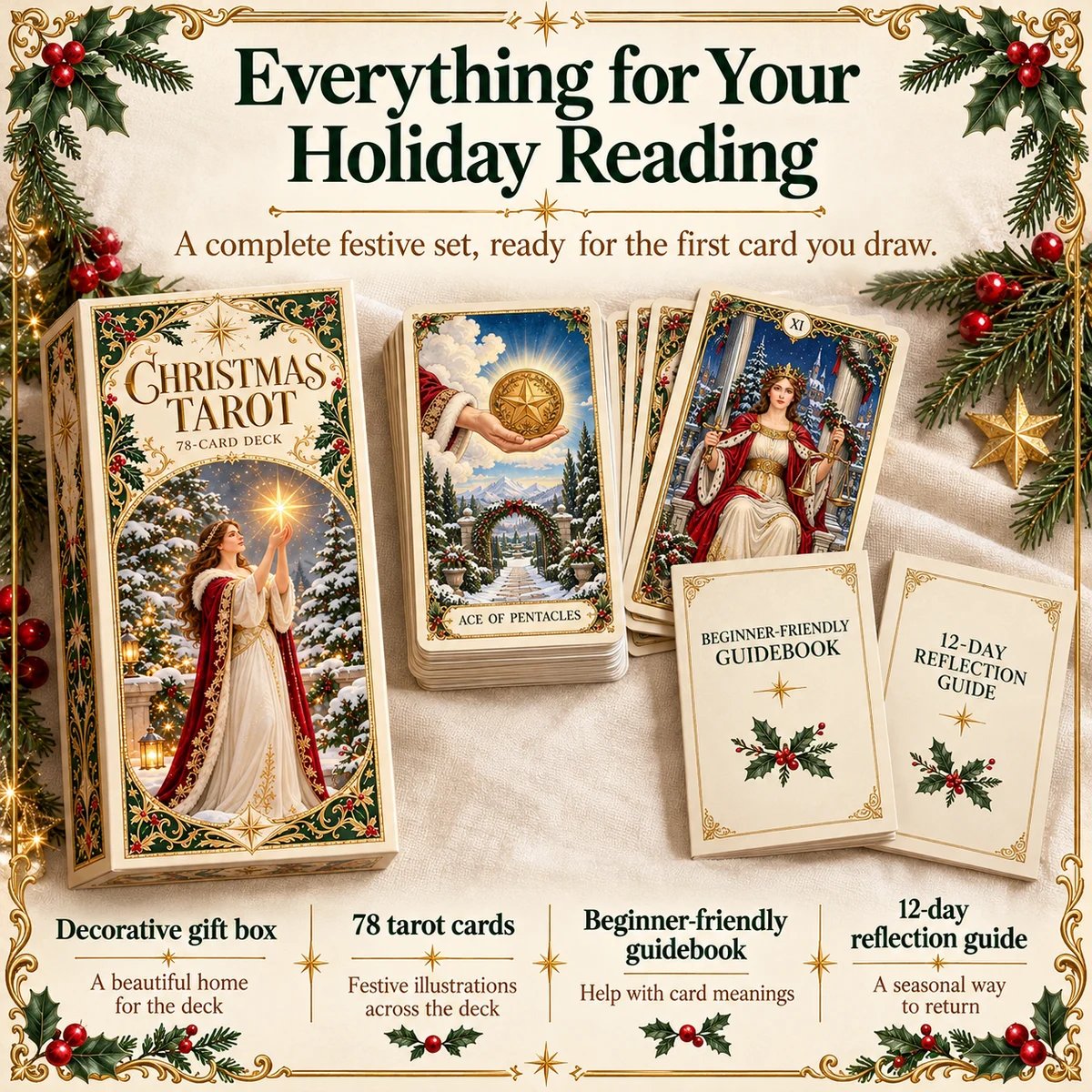 Complete Christmas Tarot set showing 78 cards, beginner-friendly guidebook, 12-day reflection guide, and decorative gift box
